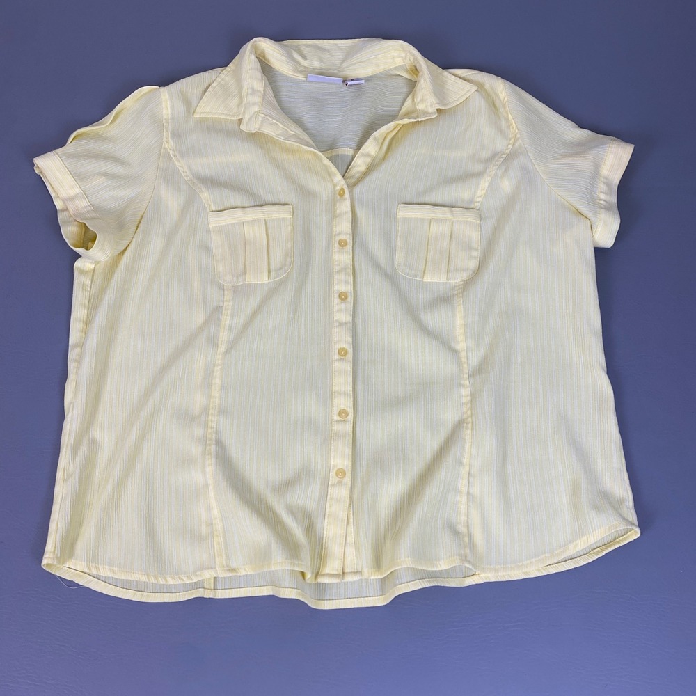 Joanna Button Up Shirt Women's Plus Size 3X Yellow White Striped Short Sleeve
